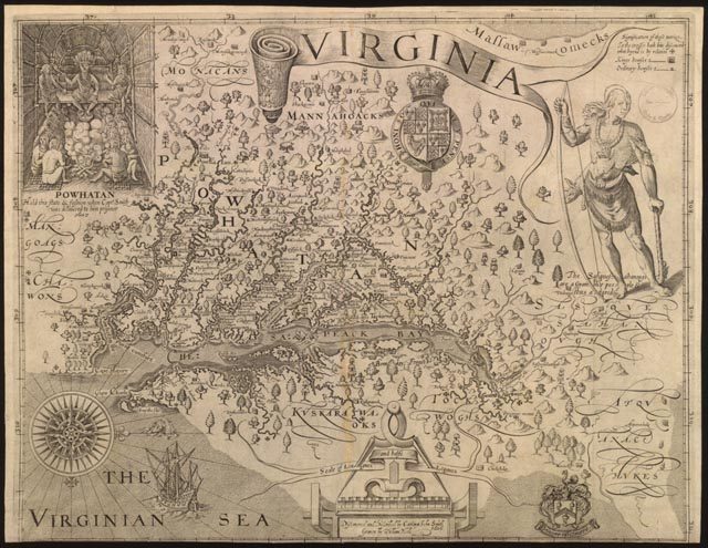 John Smith's engraved map of Virginia and the Chesapeake Bay, with Powhatan shown seated in the upper left and a Susquehannock man standing at right.